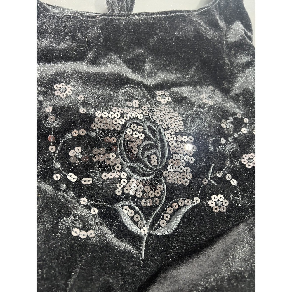 Massini Black Velvet Sequin Embroidered Floral Shoulder Bag Hobo Drawstring - Picture 2 of 4